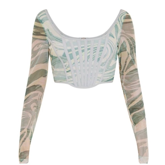 Green Abstract Printed Mesh Binding Detail Long Sleeve Corset - Picture 3 of 8